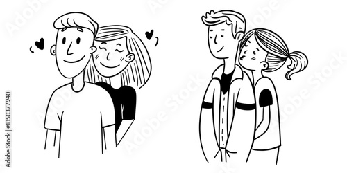 Hand-drawn illustration of two loving couples in a funny style. Cute romantic characters with expressive emotions