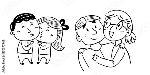 Hand-drawn illustration of two loving couples in a funny, playful style. Cute romantic characters with expressive emotions, perfect for Valentine’s Day designs