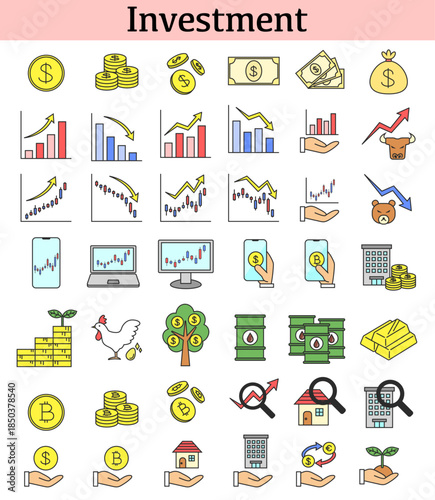お金、株価、ローソク足、仮想通貨、石油、ゴールド（金）、不動産、為替（FX）、配当金など、投資や資産運用に関するアイコンセット（カラー）