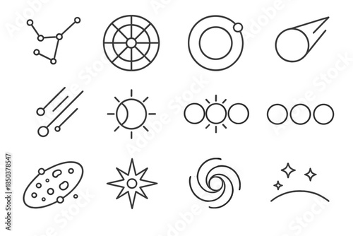 Astronomy Line Icons. Line style icons of stellar patterns: constellation lines, zodiac wheel, planetary orbit, comet arc; meteor