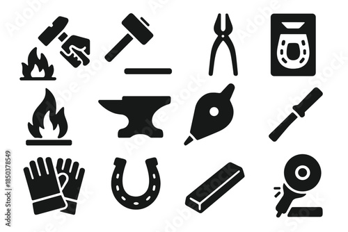 Blacksmith Tools Icons. Solid style icons of Artisan Blacksmith: Hand-Forged, Hammer, Tongs, Custom Design, Forge Fire, Anvil,