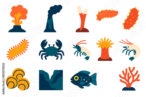 Deep Sea Icons. Flat vector icons of deep-sea ecosystems: hydrothermal vent, black smoker chimney, tube worm, sea cucumber,