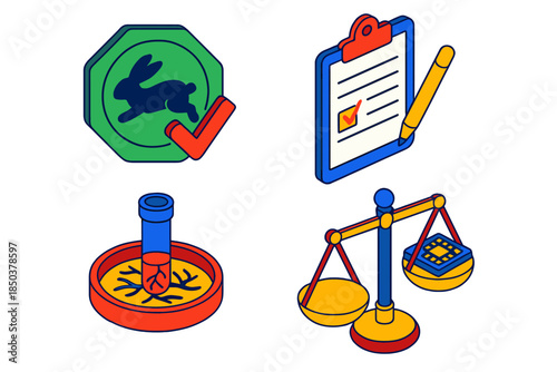 Ethical Testing Icons. Isometric vector illustration set Ethical Testing Alternatives: Animal-free testing label, petition