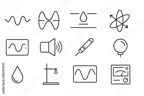 Levitated Acoustics Icons. Line style icons of Levitated Acoustics: Sound Wave, Resonant Standing Wave, Floating Droplet,