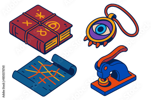 Obscure Artifacts Icons. Isometric vector illustration set Obscure Society Artifacts: Bound ledger with symbols, ceremonial amulet