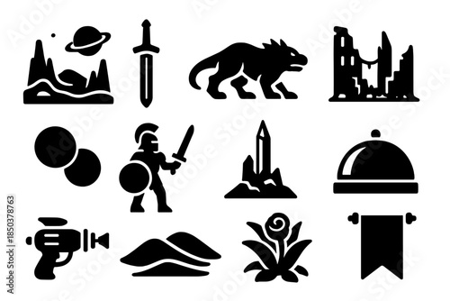 Sword & Planet Adventure. Solid style icons of Sword & Planet: Alien Landscape, Ancient Sword, Strange Beast, Ruined City, Twin