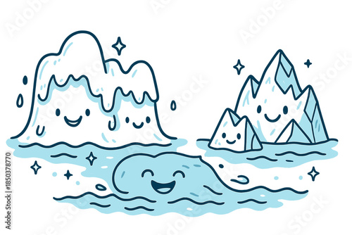 Happy Oceans and Melting Glaciers. Cheerful doodle contribution to sea level rise with happy oceans, cartoon melting glaciers with