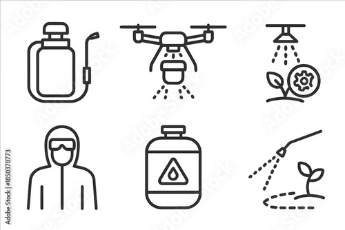 Chemical Application Icons. Line style icons of Chemical Application Methods: calibrated sprayer, drone applying treatment, nozzle