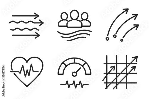 Collective Movement Icons. Line style icons of collective movement indicators: synchronized motion lines, group silhouettes in