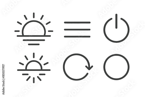 Dawn Activation Icons. Line style icons of dawn activation symbols: rising sun outline, aligned horizon bars, glowing start button