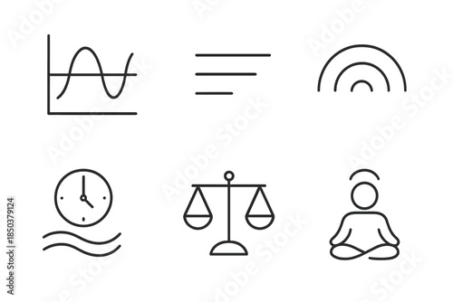 Tranquil Pace Icons. Line style icons of tranquil pace coordinators: wave rhythm diagram, measured motion lines, breathing pattern