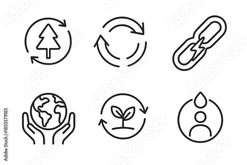 Eco Resource Icons. Line style icons of natural resource sustainers: forest regeneration symbol, cyclical harvest arrows,