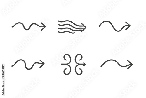 Flow Direction Arrows. Line style icons of soft flow direction arrows: wavy arrow lines, minimal current markers, rhythmic path