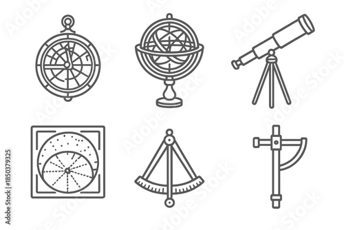 Archaic Astronomical Tools. Line style icons of archaic astronomical tool recreators: vintage astrolabe, armillary sphere diagram,