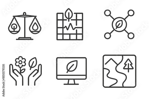 Sustainable Ecosystem Icons. Line style icons of sustainable ecosystem management: balanced resource flow, environmental