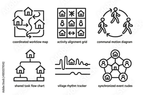 Synchronized Village Icons. Line style icons of synchronized village activities: coordinated workflow map, activity alignment grid