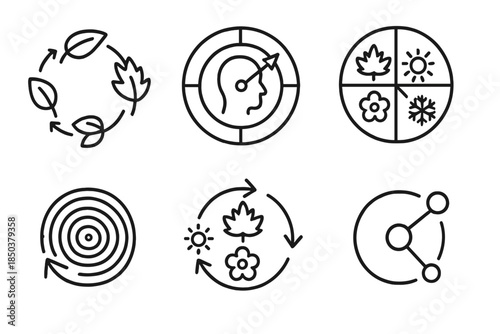 Memory Season Icons. Line style icons of memory season changers: temporal leaf cycle, cognitive season dial, recollection phase
