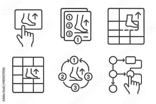 Skill Demonstration Icons. Line style icons of skill demonstration overlays: floating technique guide, layered instruction chart,