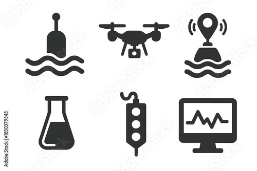 Marine Monitoring Icons. Solid style icons of marine monitoring instruments: wave sensor, drone, GPS beacon, chemical vial, sensor