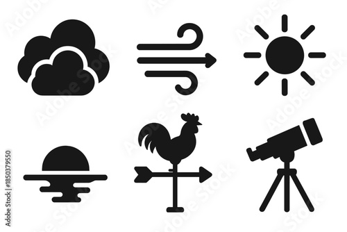 Weather Icon Set. Solid style icons of cloud formation guidance: cloud cluster, wind arrow, sun rays, horizon line, weather vane,