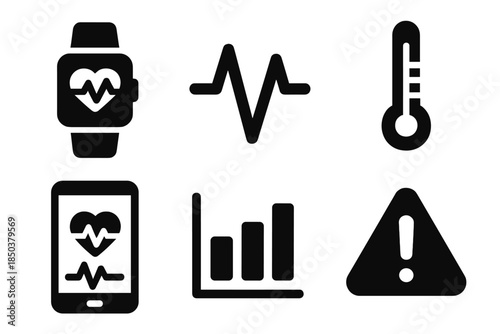 Emotional Monitoring Icons. Solid style icons of emotional monitoring devices: wearable sensor, pulse line, thermometer, tablet,