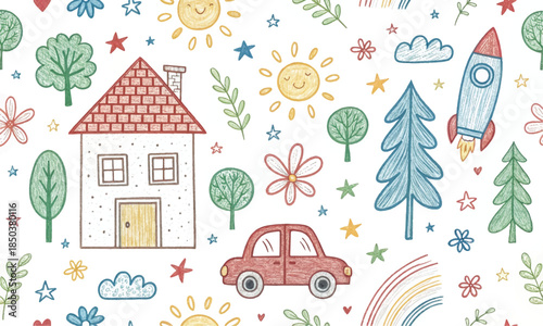 Seamless hand-drawn kids pattern with house, car, rocket, and nature elements. Cute crayon doodle style background for nursery wallpaper, textile prints, and childish wrapping paper design.