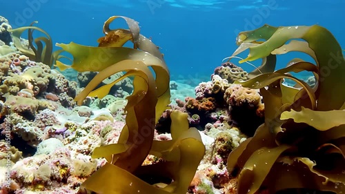 Underwater Kelp Forest Sways in Clear Blue Seawater.