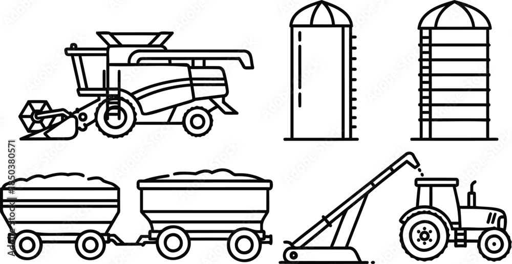 Fototapeta premium Collection of Agricultural Farming Equipment and Silos.