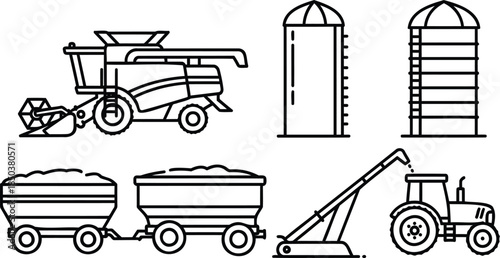 Collection of Agricultural Farming Equipment and Silos.