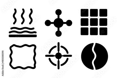 Mirage Engineering Icons. Solid style icons of mirage engineering tools: heat ripple panels, phantom nodes, desert grids,