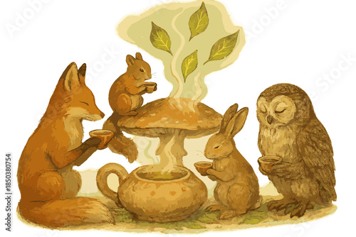 Forest Tea Gathering. Wild herb tea ceremony with forest creatures sipping from mushroom cups and leaves glowing in the steam No