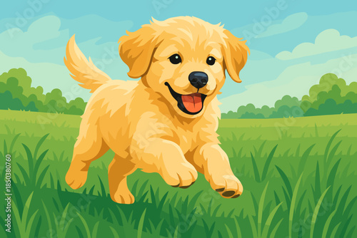 Playful Puppy Adventure. Golden retriever puppy running through a grassy field, soft natural lighting, vibrant and playful