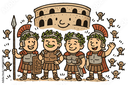 Whimsical Roman Reenactment. Whimsical doodle Roman reenactment with happy centurions, laurel crowns smiling, amphitheater with a