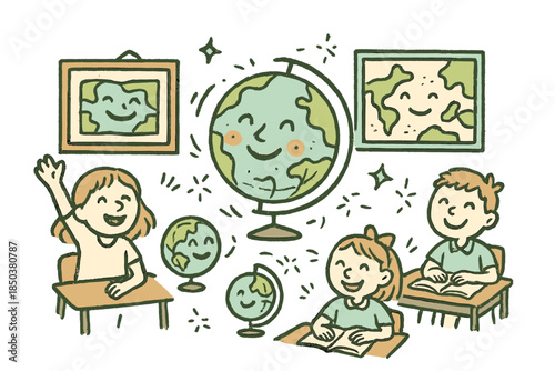 Joyful Classroom Geography. Joyful doodle historical geography classroom with happy students, cartoon globes with faces, smiling