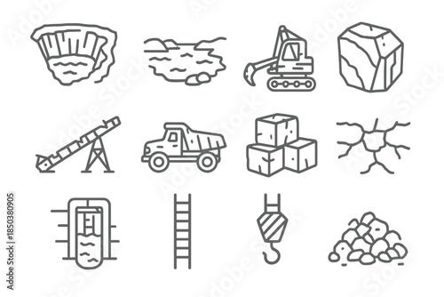Abandoned Quarry Elements. Line style icons of abandoned quarry: deep pit, water, derelict machinery, granite; broken conveyor,