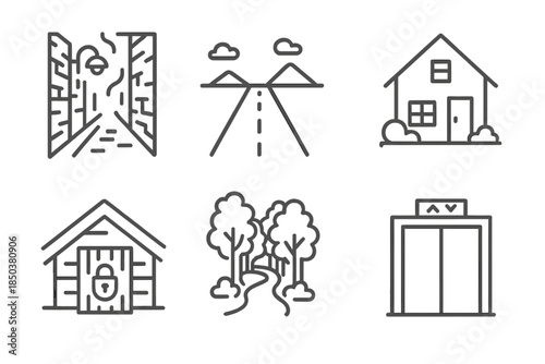 Urban Myth Icons. Line style icons of Urban Myth Settings: foggy alley, deserted highway, suburban house, locked attic, dense