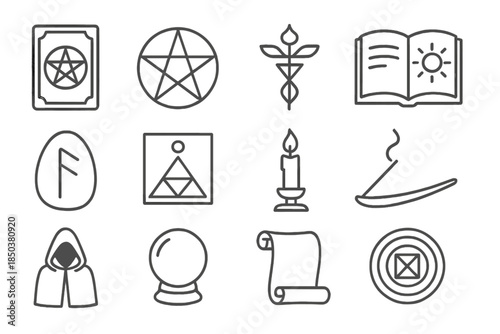 Arcane Symbols Collection. Line style icons of Arcane Study: Tarot Card, Pentacle, Hermetic Symbol, Secret Manuscript; Rune Stone,
