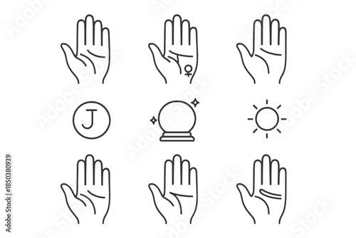 Palmistry Icon Set. Line style icons of Hand Reading: Palm Lines, Life Line, Mount Symbols, Divination; Heart Line, Head Line,