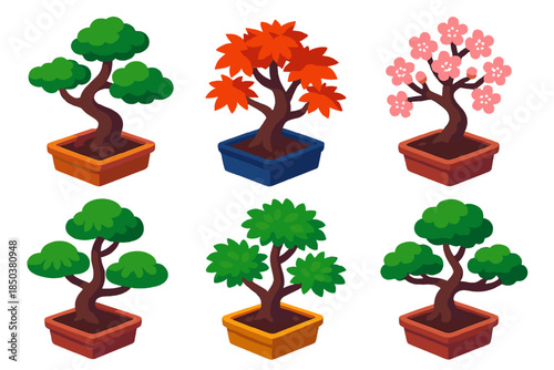 Vibrant Bonsai Collection. Isometric vector illustration set Bonsai Tree Species: juniper bonsai, maple bonsai, ficus bonsai,
