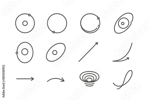 Orbital Mechanics Icons. Line style icons of orbital mechanics: elliptical orbit, circular orbit, decaying orbit, transfer orbit;