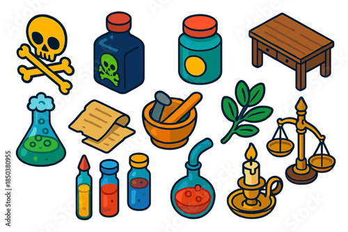 Vintage Toxicology Icons. Isometric vector illustration set Vintage Toxicology: crossbones symbol, dark poison bottle, antidote