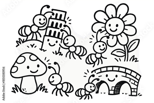 Joyful Ant Adventure. Joyful doodle insect exploration with happy ants, cartoon antennae touching objects, smiling landmarks, and