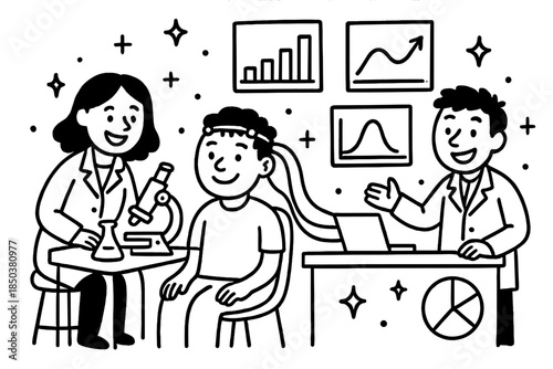 Playful Research Doodle. Playful doodle experimental trial setup with smiling researchers, cartoon participants, cheerful data