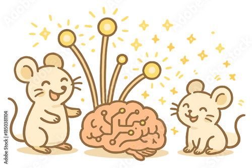 Cheerful Lab Mice. Adorable doodle lab experiment with happy mice, cartoon light fibers shining, cheerful brain circuits lighting
