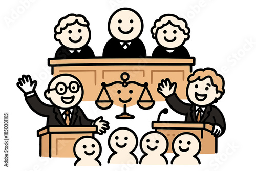 Playful Courtroom Doodle. Adorable doodle courtroom-style argument scene with smiling judges, cartoon lawyers waving, cheerful