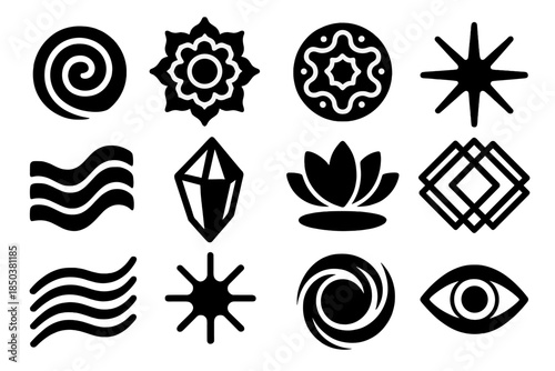 Psychedelic Symbols Icons. Solid style icons of Psychedelic symbols: spiral vortex, glowing mandala, fractal circle, radiant star,