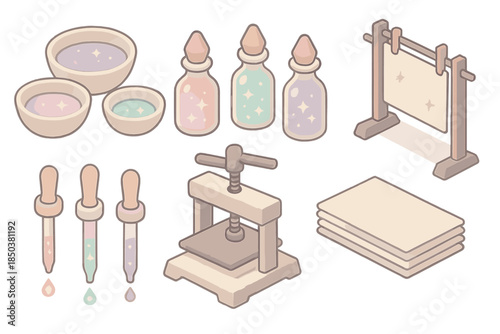 Celestial Ink Workshop. Isometric vector illustration set Celestial Ink Workshop: mixing bowls, glowing ink vials, ancient press