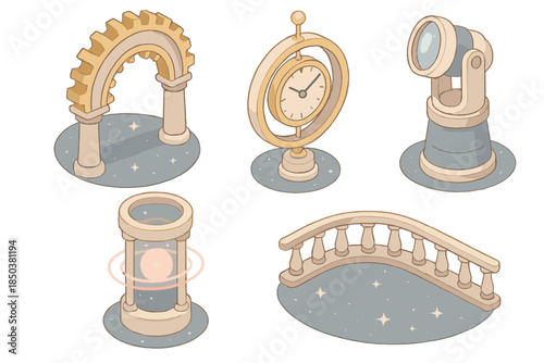 Eternal Mechanism Observatory. Isometric vector illustration set Eternal Mechanism Observatory: grand gear portal, suspended time