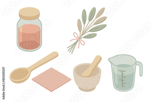 Natural Dye Workshop Essentials. Isometric vector illustration set of Natural Dye Workshop: glass jar with pigment liquid, bundle