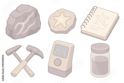 Cosmic Paleontology Tools. Isometric vector illustration set of Cosmic Paleontology Scene: ancient rock with glowing veins,